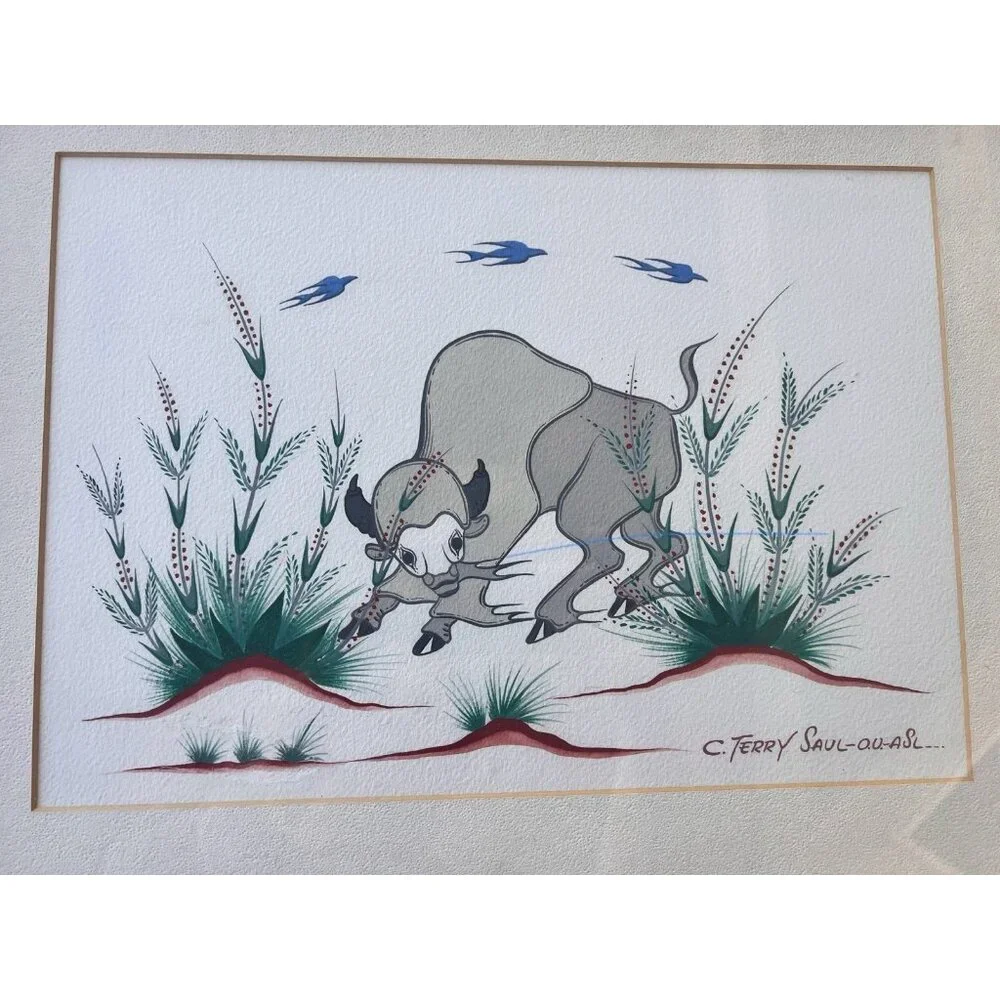 Native American Art Watercolor On Paper White Bison Artist Chief Carl Terry Saul